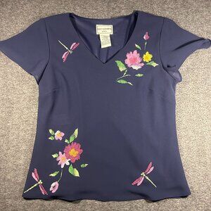 Karin Stevens Womens Petite 14 Flutter Sleeve Blue Blouse Shoulder Pad Dragonfly